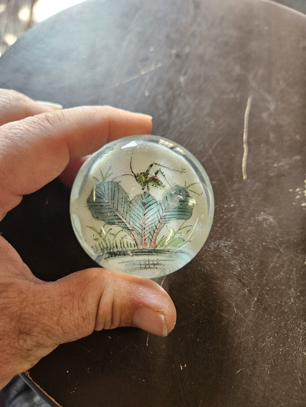 Vintage Chinese White Paperweight Hand Painted Ground Glass Grasshopper